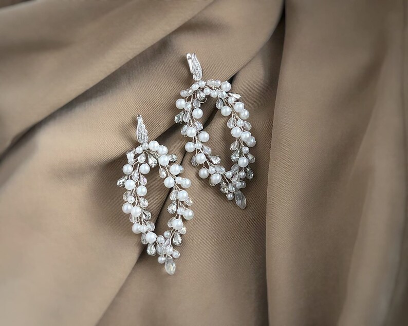 Statement wedding earrings Pearl bridal earrings Long Etsy