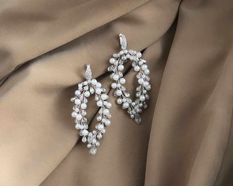 Statement wedding earrings Pearl bridal earrings Long Etsy