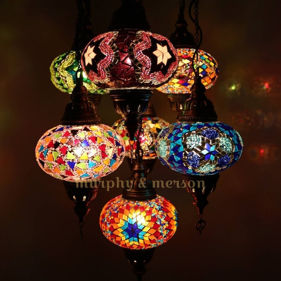 Turkish Moroccan Style Mosaic Multicoloured Hanging Lamp Light 7 Medium Globe