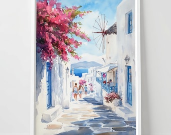 Mykonos Greece Watercolor Print: Aegean Island Wall Art