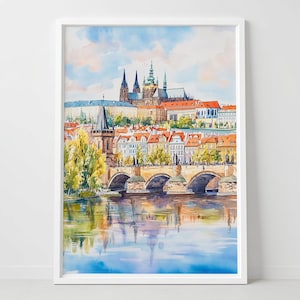 Prague Castle Watercolor Print: Charles Bridge, Czech Republic Art