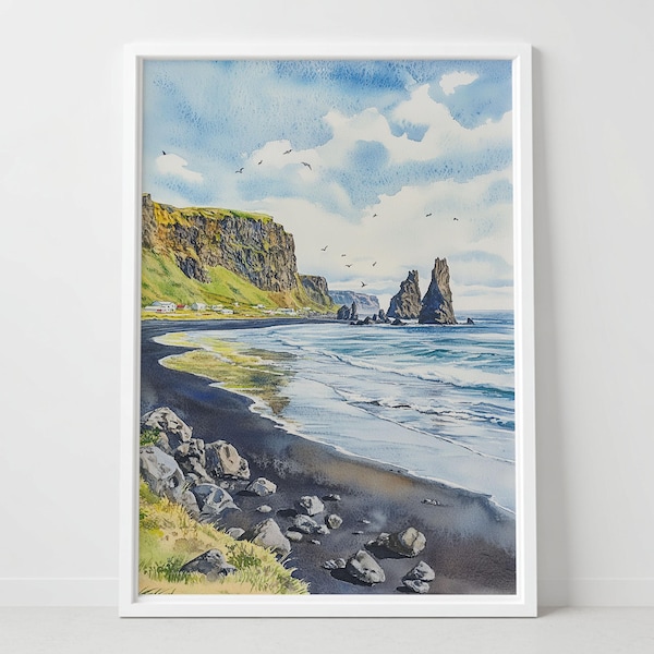 Vik Iceland Black Sand Beach Print: Nordic Landscape Watercolor Wall Art