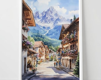 Puede incluir: Pintura a la acuarela de una escena de calle de un pueblo europeo. Los edificios con tejados marrones y balcones llenos de flores bordean la calle. Una cordillera es visible en el fondo bajo un cielo azul.