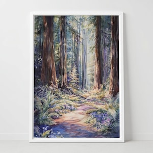 May include: Watercolor painting of a forest scene with tall trees and a path. The artwork features a variety of greens, blues, and browns, with sunlight filtering through the trees. The painting is framed in a white border.