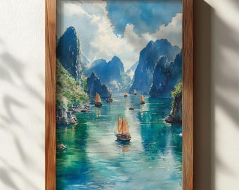 Ha Long Bay Watercolor Print: Vietnam Asia Wall Art