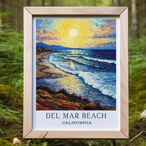 May include: A framed art print of Del Mar Beach, California, featuring a vibrant, impressionistic depiction of the ocean and coastline. The artwork showcases a bright yellow sun, blue waves, and a sandy beach, with the text "DEL MAR BEACH CALIFORNIA" at the bottom.