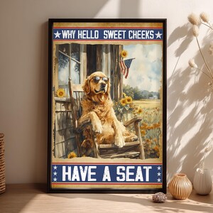 面白いゴールデンレトリバーのプリント：ヴィンテージファームハウスの犬アート