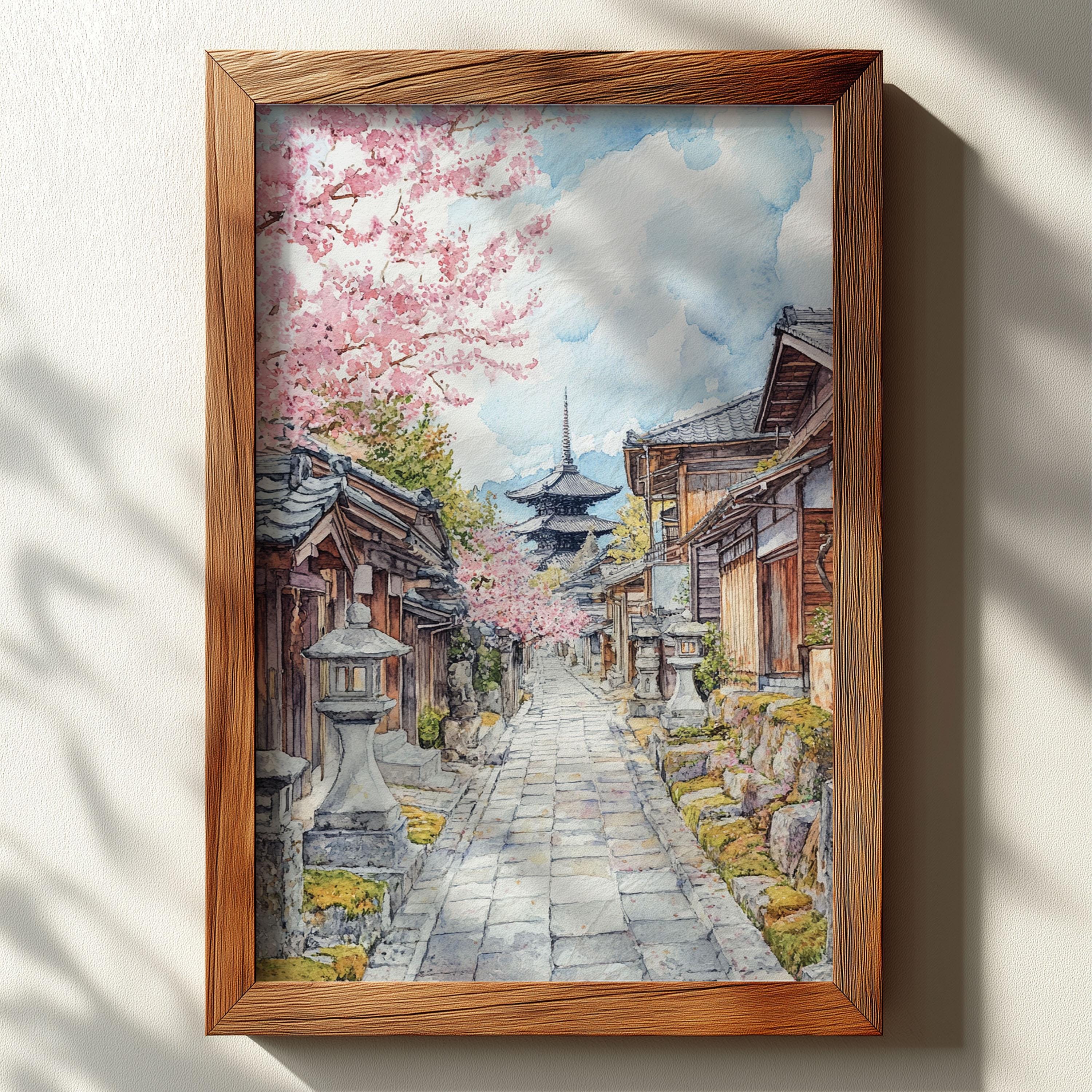 京都 日本 水彩画：桜と五重塔 - Etsy 日本