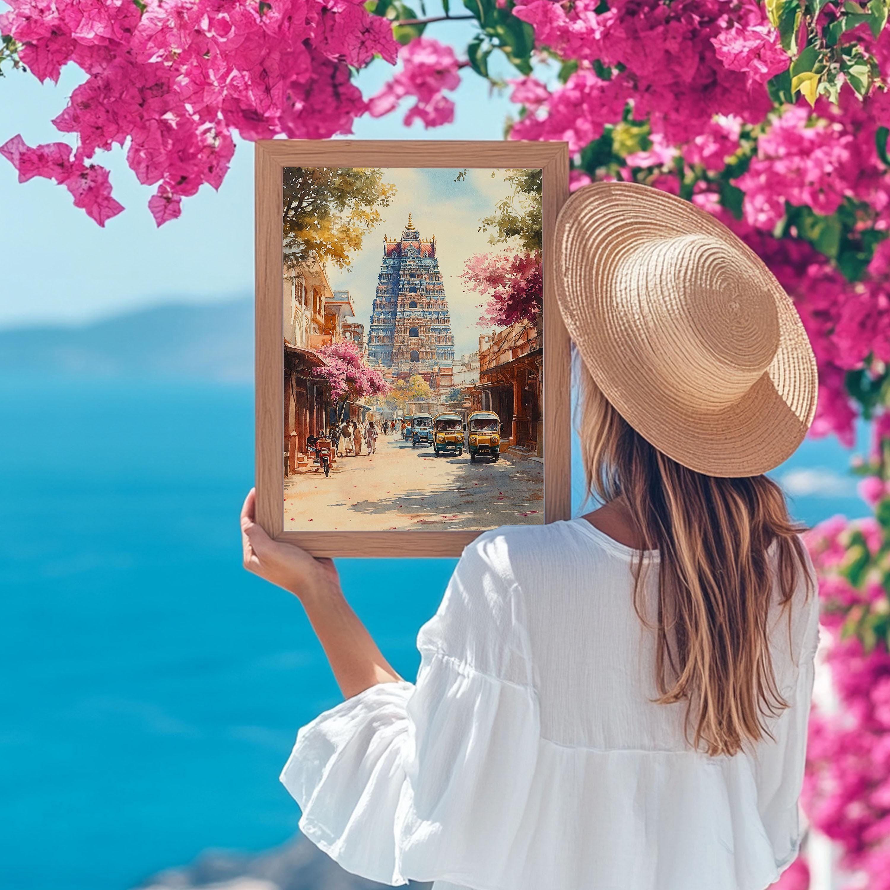 Chennai India Watercolor Print: South Indian Temple Art, Asia Wall Decor