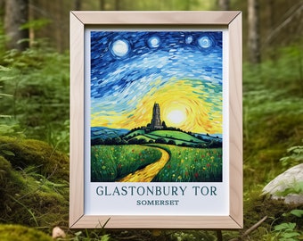 Glastonbury Tor Art Print: Somerset Travel Poster, Van Gogh Style
