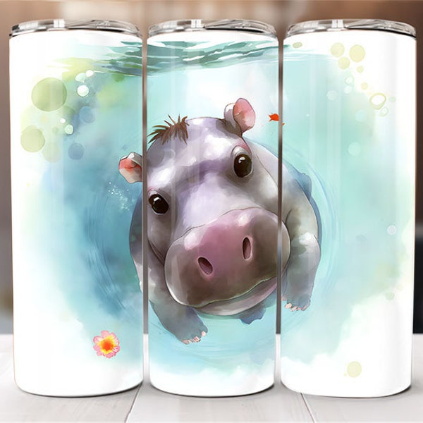 Baby Hippo Cute PNG, Watercolor Hippo 20 oz Skinny Tumbler Sublimation Hippo Cute Graphics For Children, Children's Watercolor Drawing Style