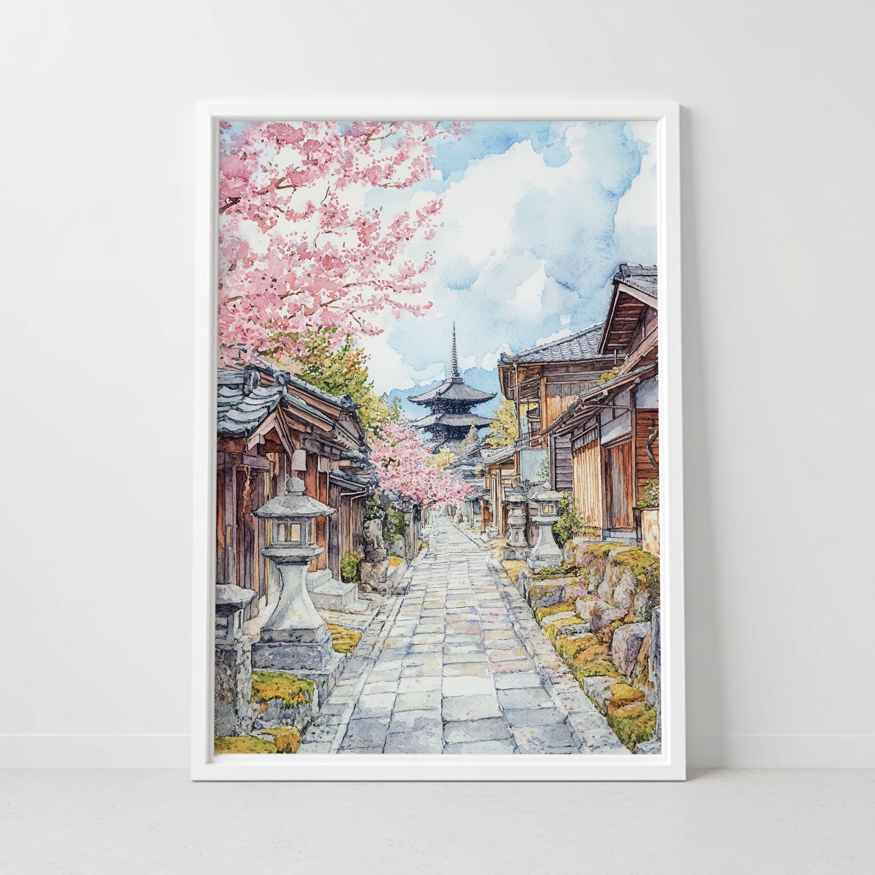 京都祇園の桜と五重塔を描いた水彩画 京都 日本 水彩画：桜と五重塔 - Etsy 日本