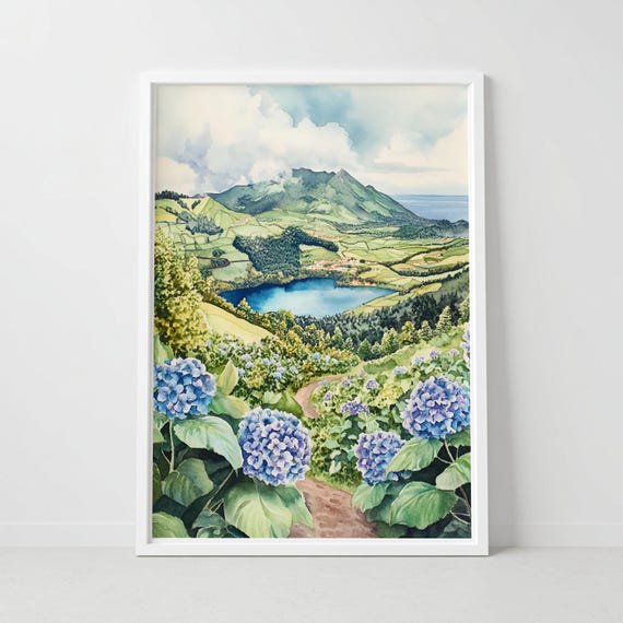 Azores Portugal Print, Blue Hydrangeas, Volcanic Lake, Nature Wall