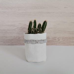 Peut inclure: Un petit cactus dans un pot en tissu blanc avec une bordure en dentelle grise. Le pot est posé sur une surface blanche.