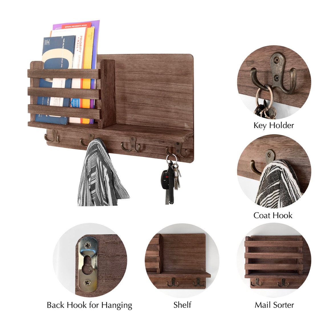 Key and Mail Holder for Wall with 4 Key Hooks Great For Etsy