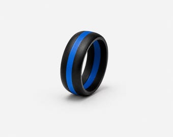 Silicone Ring | Black Blue Stripe Wedding Band for Active Lifestyles
