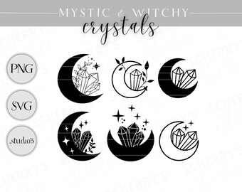 Crystals Mysthic Motifs Plotter File |  PNG SVG SILHOUETTE Cricut | Clipart Moon Plants | File Download