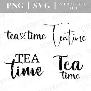 May include: Four different variations of the phrase "tea time" in a black cursive font. The first variation includes a heart symbol in the word "tea". The second variation has the word "tea" in all caps. The third variation has the word "tea" in all lowercase letters. The fourth variation has the word "tea" in all lowercase letters with the word "time" in all lowercase letters.