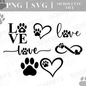 Paw Love plotter bestand |  PNG SVG SILHOUET Cricut | Honden Katten Poten dierenminnende oneindigheidstekens | Bestand downloaden