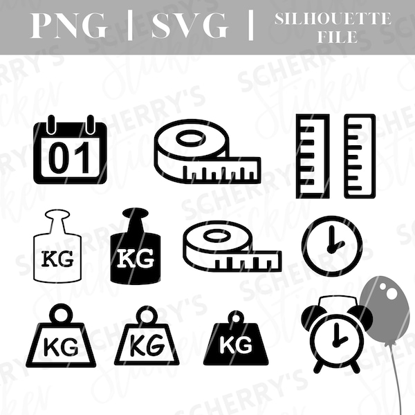 Geburtsdaten Icons Plotterdatei |  Kalender Uhrzeit Gewicht Maßband Motiv Geburtstag  | Datei Download PNG SVG Silhouette