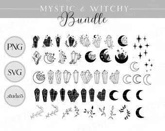 Crystals Mysthic Motifs Plotter File |  PNG SVG SILHOUETTE Cricut | Clipart Moon Plants | File Download
