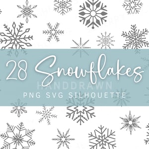 Może przedstawiać: Zestaw 28 ręcznie rysowanych ilustracji płatków śniegu w kolorze szarym na białym tle. Tekst "28 Snowflakes Handdrawn PNG SVG Silhouette" jest wyświetlany na jasnoniebieskim banerze.