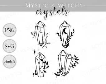 Kristalle Mysthische Motive Plotterdatei |  PNG SVG SILHOUETTE Cricut  | Clipart Mond Pflanzen | Datei Download