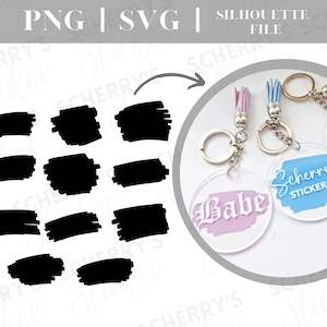 Pode incluir: Um conjunto de 10 arquivos de corte de silhueta de pinceladas em preto e branco. A imagem também mostra dois chaveiros de acrílico com as palavras "Babe" e "Scherrys Sticker" neles.