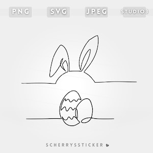 May include: Line drawing of a bunny rabbit with ears and an Easter egg. The bunny's head is a circle with ears sticking up. The egg is decorated with wavy lines.