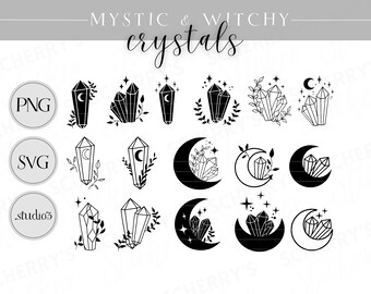 Crystals Mysthic Motifs Plotter File |  PNG SVG SILHOUETTE Cricut | Clipart Moon Plants | File Download
