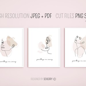 Puede incluir: Tres impresiones de arte de pared imprimibles con dibujos de líneas minimalistas de rostros femeninos y formas abstractas en tonos marrones y rosados. Cada impresión presenta el texto "good things are coming".