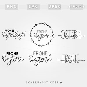 May include: A set of six black and white digital designs featuring the German phrase "Frohe Ostern" which translates to "Happy Easter". The designs include a wreath, a heart, and different styles of calligraphy.