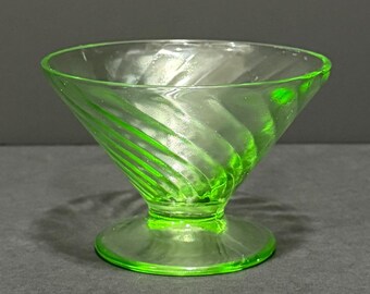 Vintage Hocking Spiral Green Uranium Glass Sherbet Dish | 1930s Depression Glass Dessert Cup