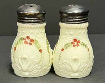 Antique c1900 National Glass McKee Geneva Custard Glass Salt & Pepper Shakers | Hand Painted