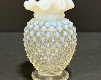 Vintage Fenton French Opalescent Hobnail Mini Vase | 1940s 1950s Ruffled Art Glass