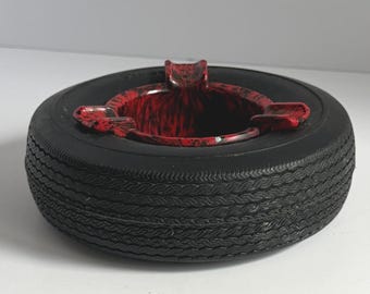 Vintage Firestone Tire Ashtray | 1950s 1960s Automotive Advertising Red Black Marbled Ash Tray