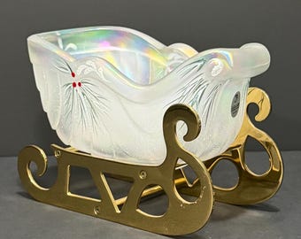 Fenton Woodland Frost Sleigh | 1999 French Opalescent Iridescent Glass with Brass Runner | Signed S Smith