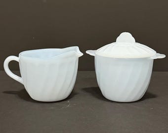 Vintage Fire-King Azur-ite Blue Swirl Creamer & Covered Sugar Bowl Set | 1950s Anchor Hocking