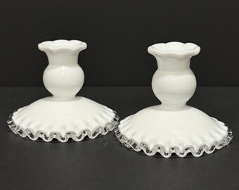 Vintage Fenton Silver Crest Milk Glass Candlestick Holders Pair | Ruffled Candle Holders