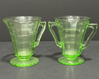 Vintage Hocking Block Optic Green Uranium Glass Sugar & Creamer Set | 1929-1933 Depression Glass