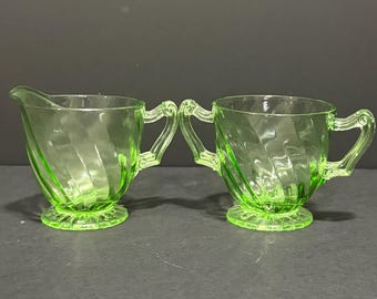 Vintage Federal Diana Green Uranium Glass Sugar & Creamer Set | 1937-1941 Depression Glass