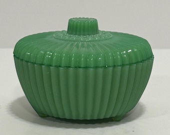 Vintage Akro Agate Green Slag Glass Powder Jar | 1940s Ribbed Vanity Box Trinket Dish