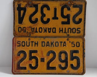 Vintage 1950 South Dakota License Plates | Pair Faulk County 25-295 25-324 Antique Auto Tags