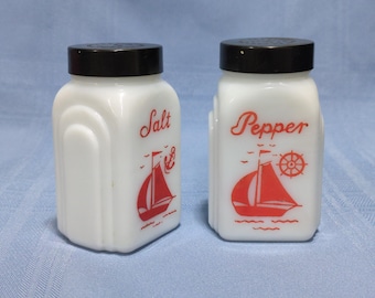 Vintage McKee Sailboat Salt & Pepper Shakers - Milk Glass