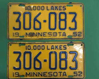 Vintage 1952 Minnesota License Plates - Matching Set of Two - Yellow And Blue