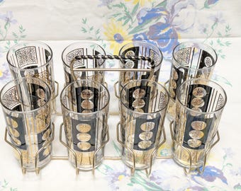 Mid-Century Modern Glasses with Drink Caddy - 8 Glasses