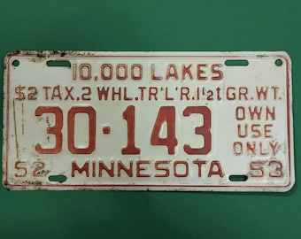 Vintage 1952 Minnesota License Plate - 2 Wheel Trailer