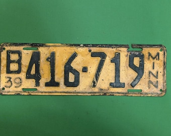 Vintage 1939 Minnesota License Plate - Yellow With Black Raised Lettering