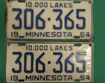 Vintage 1954 Minnesota License Plates - Matching Set of Two