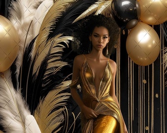 Elegant Black & Gold Digital Photography Backdrop Feathers and Pampas Digital Background Modern Photography Backdrop Birthday Anniversary